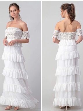 Minuet Petite White and Cream Lace Flowy Off-Shoulder Ruffled Wedding Dress